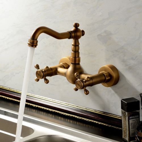 2 Handle Wall Mount inspired Kitchen Sink Faucet in Antique Brass Finish S