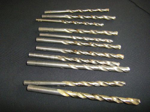 Lot of 11 standard jobber length steel drill bits. Wire gauge sizes.
