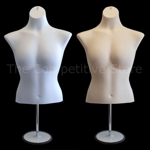 2 female busty torso white &amp; flesh mannequin forms with metal base for sale