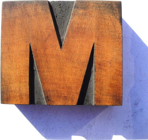 Letterpress wood 3 5/16&#034; letter &#039;m&#039; block **stunning patina typeface** for sale