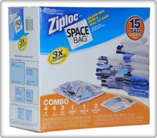 Ziploc Space Bag 15 Bag Space Saver Set Vacuum Seal Double Zipper Solid Seal