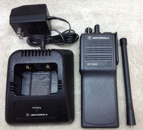 Motorola Top Display MT2000 VHF new battery, clip, VHF antenna, and charger.