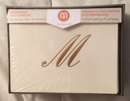 M by Staples &#034;M&#034; Monogram Note Card Set - 20 Embossed Cards &amp; Envelopes - NEW