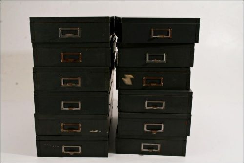 12 Vtg INDUSTRIAL STORAGE BOX LOT metal case nut bolt hardware bin steampunk 60s