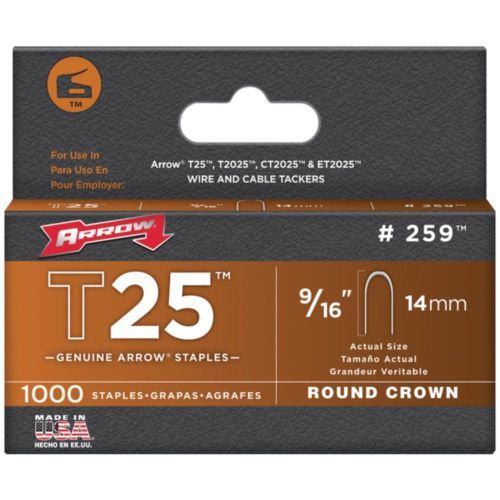ARROW T25 #259 Round Crown Staples, 9/16&#034; 14mm: 1000/pk NIP