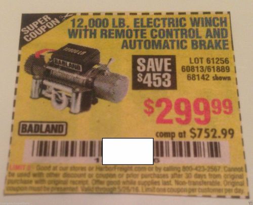 Harbor freight cu-pon  12000 lb electric winch w remote control $59.99 for sale