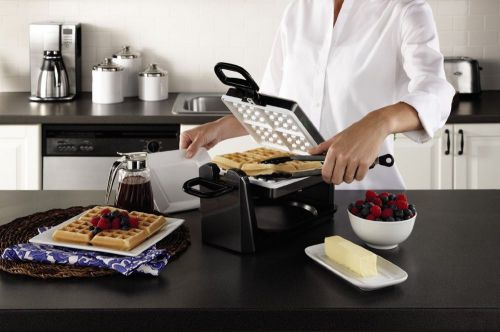 Unique non-stick DuraCeramic Belgian Flip Waffle Maker. Cooks up to 20% faster.