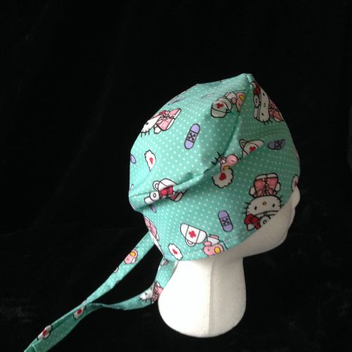 Scrub, surgical hat adult ties in back one size fits most.Hello Kitty Dr. print