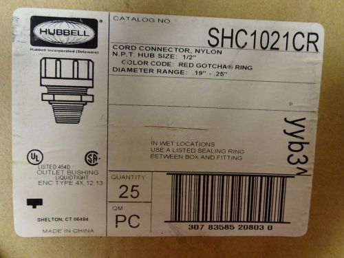 (25) SHC1021CR Hubbell Liquid Tight Cord Connector Nylon 1/2&#034; Dia .19&#034;-.25&#034;