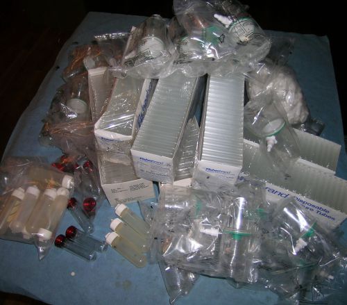 Assorted, mostly disposable plastic- and glassware, tubes, filters for sale