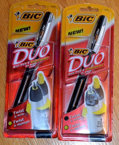 Bic Duo Pens Black Ink Yellow Highlighter pack of 2 Imperfect Packaging NEW**