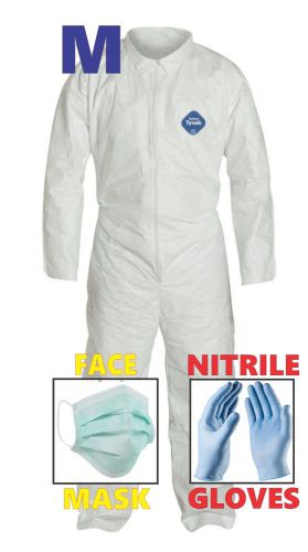Medium Tyvek Protective Suit Chemical Nitrile Gloves &amp; Face Mask Hazmat Clean-Up