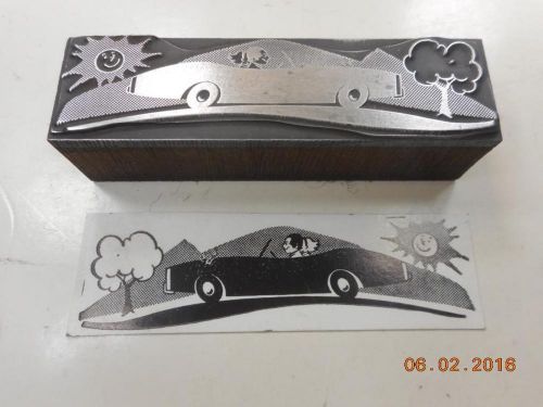 Letterpress Printing Block, Convertible Car Driving on Sunny Day, Type Cut