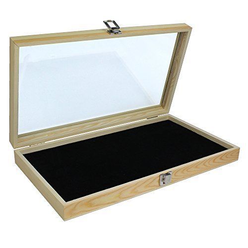 Natural Wood Glass Top Lid Black Pad Display Box Case Medals Awards Jewelry