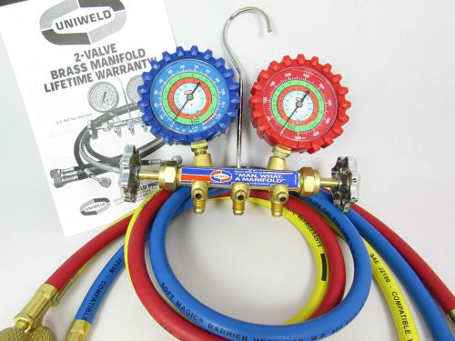 A/c manifold gauges uniweld brass body for r134a, r22, r404a and 36&#034; hoses. for sale