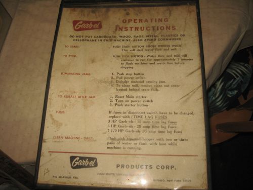 Garb-el Commercial Food Waste Grinder Instruction Poster Vintage Meat Market