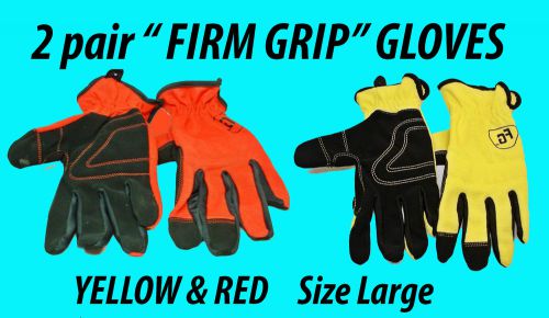 2 Pr~HighDex WORK GLOVES~&#034;Firm Grip&#034;~RED+YELLOW~Large~Padded~Syn Leather~Spandex