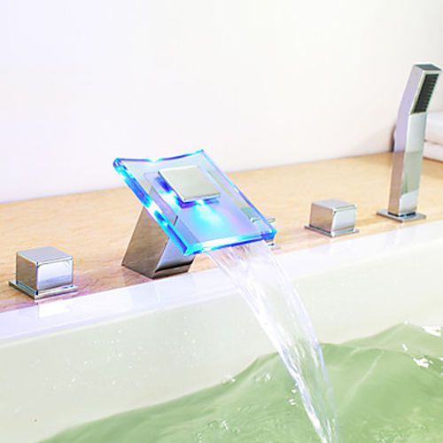 Modern Waterfall 5 Holes LED Roman Tub Filler Faucet Hand Shower Valve Chrome