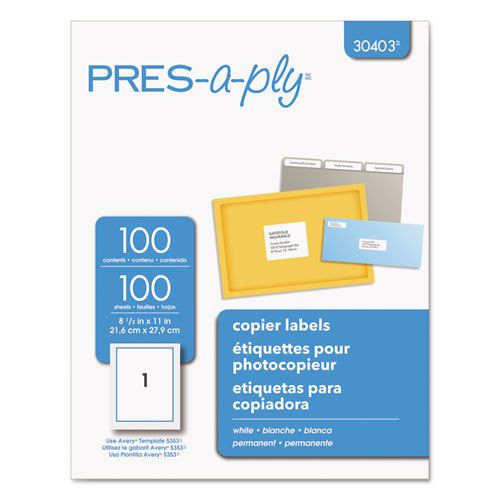 Pres-A-Ply Copier Labels, 8-1/2 x 11, White, 100/Box