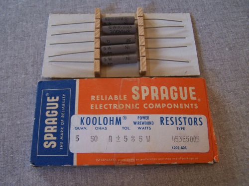 Lot of 5 Sprague KoolOhm Power Resistor 50 Ohm 5 Watt Wirewound Ceramic NIB