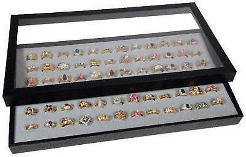 Ring Display Case Acrylic Removable Top Jewelry Organizer 72 Slot Foam Insert