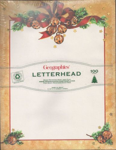 Geographics Letterhead Christmas Jingle Bells &amp; Ribbons paper pkg 100 sheet New