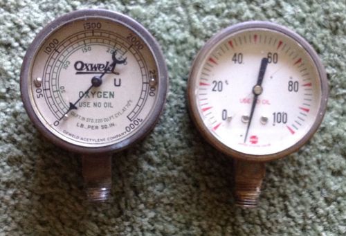 Set of 2 vintage brass pressure gauge us gauge &amp; oxweld beveled glass steampunk for sale