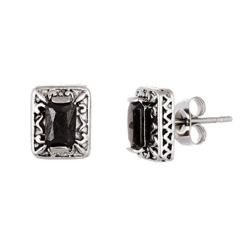 Stainless Steel Oxidized Black Cubic Zirconia Rectangle Post Earrings