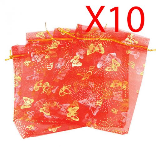 X10 red gold butterfly organza gift candy bags jewellery favour pouches wrap