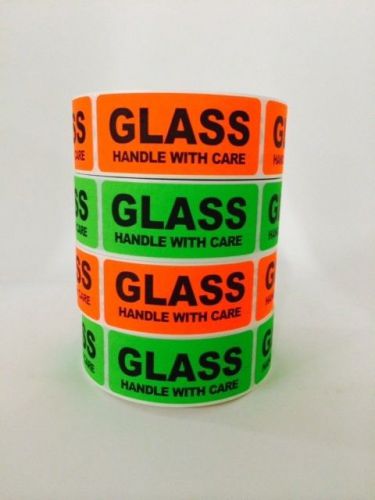 500 1x3 GLASS HANDLE WITH CARE Labels Stickers NEON RED GREEN FLUORESCENT NEW