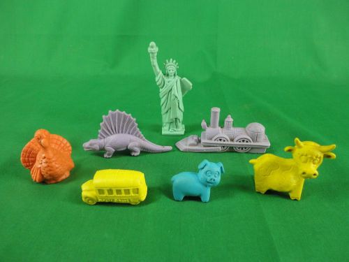 Lot of 7 Vintage Erasers Cow Train Bus Dinosaur Statue of Liberty Pig Turkey