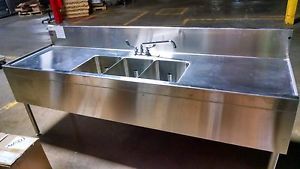 Glastender 3 bowl bar sink, 84&#034; wide with drain boards
