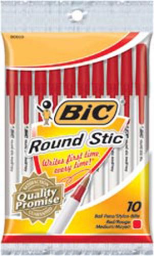 Red - Bic Round Stic Ball Pens Medium Point 10/Pkg