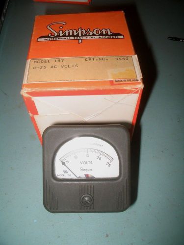 NOS Simpson Panel Meter Model 157  0-25 AC Volts CAT# 9440 2.5 in with hardware