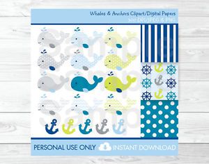 Baby Whale Anchor Nautical Clipart &amp; Digital Paper