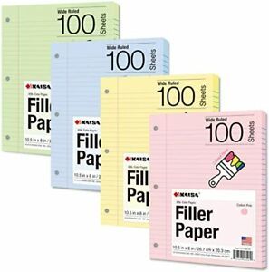 Filler Paper Colored loose Leaf Paper, Wide Ruled 8x10.5in,100Sheets/pack 4Packs