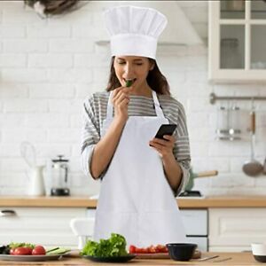 Chef Hat and Kitchen Apron Set,Cotton Adjustable Bib, Perfect for Cooking(White)
