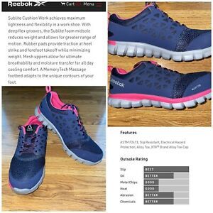 Reebok Sublite Cushion Alloy Toe Work Shoe Women’s 9 Wide Navy Pink EUC