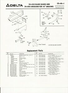 Delta 34-639 34-885 10 inch Uniguard and 34-639 Blade Guard Repair Parts Manual