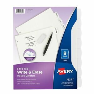 Avery Big Tab Write   Erase Durable Plastic Dividers  8 White Tabs  1 Set  16371