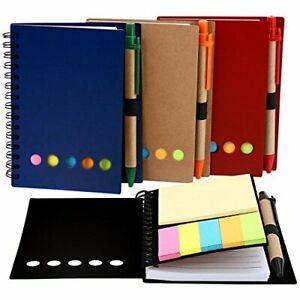 TOODOO 4 Packs Spiral Notebook Lined Notepad with Pen in Holder and Sticky Notes