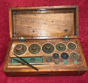 Antique Apothecary Brass Metric Weight Set with Brass Tweezers In Wood Case