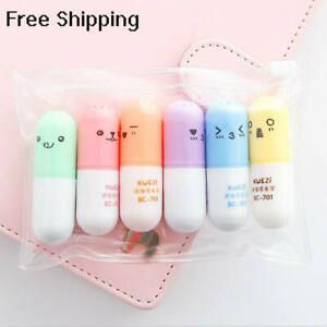 6 Colors Pill Shape Mini Highlighter Pens Office School Marker Painting Graffiti