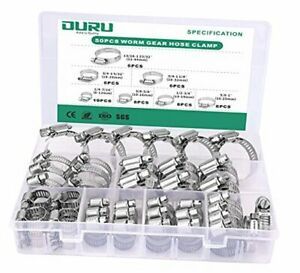 50PCS Hose Clamp Kit,6-44mm Range Adjustable 304 Stainless Steel Worm Gear