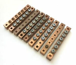 Lot of 9 Copper 6-Terminal Grounding Bus Bars, Dimensions: 4&#034; x 0.5&#034; x 0.5&#034;