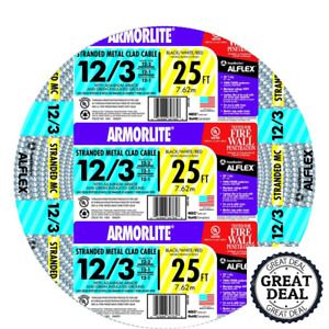 12/3 Stranded CU MC (Metal Clad) Armorlite Cable 25 Ft Building Electrical Wires
