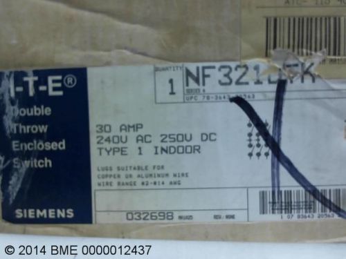 ITE SIEMENS NF321DTK, DOUBLE THOW ENCLOSED SWITCH, 30 AMP, 240 VAC, TYPE 1