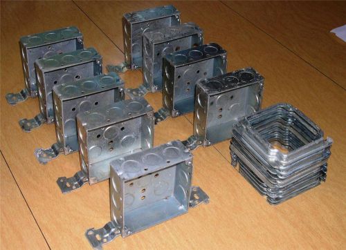 Lot of 9 Two Gang 4&#034; Square Metal Electrical Boxes with Bracket + Switch Rings