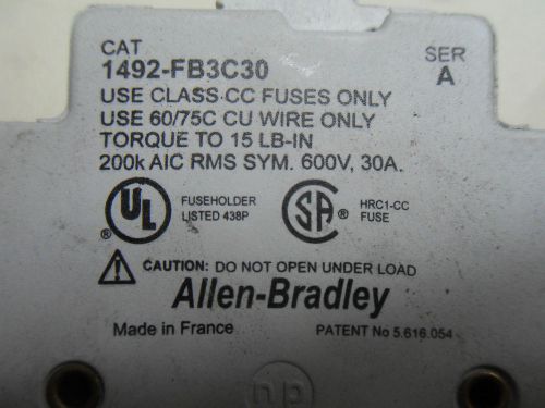 (r2-7) 1 used allen bradley 1492-fb3c30 1492-fb fuse holder 3 p class cc type for sale