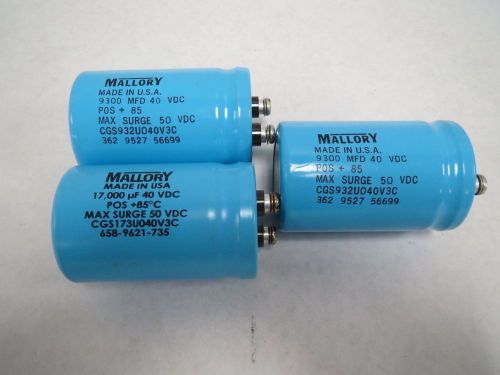Lot 3 mallory assorted cgs932u040v3c 50v-dc 9300 mfd 17000uf capacitor b304704 for sale